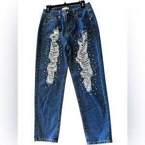 Pearl Embellished Straight Leg Jeans